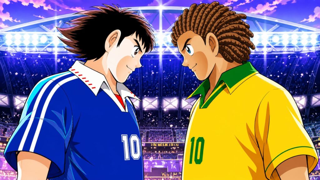 Two Soccer Players Face off in a Stadium Blue Jersey Numbered 10 Against Yellow Jersey Numbered 10 Under Stadium Lights