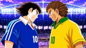 Two Soccer Players Face off in a Stadium Blue Jersey Numbered 10 Against Yellow Jersey Numbered 10 Under Stadium Lights