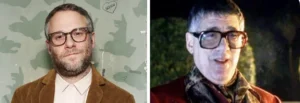 Two Men Wearing Glasses Side by Side Left Has a Brown Corduroy Blazer and Beard Right Wears a Scarf Outdoors at Night