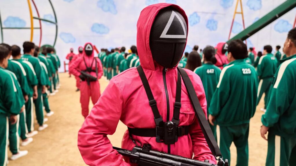 Person in a Pink Jumpsuit and Masked Helmet Holding a Rifle Stands in Front of a Line of People in Green Tracksuits Behind Him is a Crowded Line of Participants in Matching Outfits in a Playground like Setting