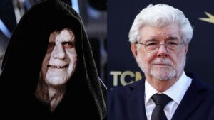 Side by side Image of a Hooded Pale faced Figure Wearing a Dark Cloak and a Bearded Man in a Suit with White Hair and Glasses on the Right