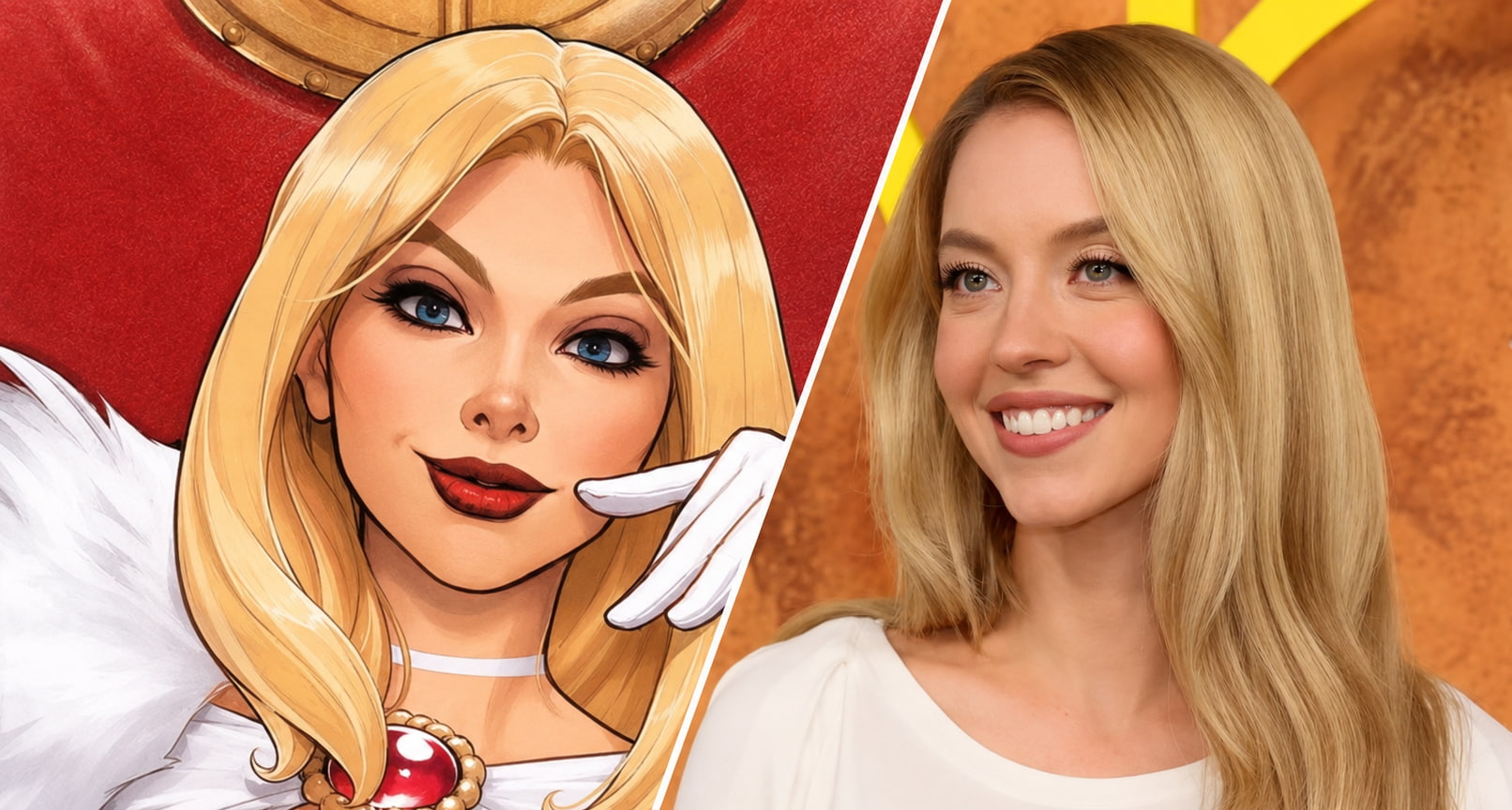 Split Image Showing a Blonde Illustrated Character on the Left and a Real Smiling Blonde Woman on the Right