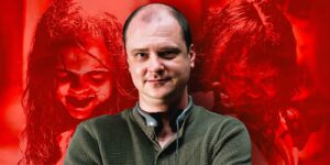 Portrait of a Man Wearing Headphones Posing with a Slight Smile Against a Red tinted Background with Two Eerie Zombie like Faces Behind Him