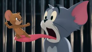 Cartoon Mouse Leaps at a Surprised Gray Cat Tongue Sticking out Between Them in a Dramatic Chase Scene