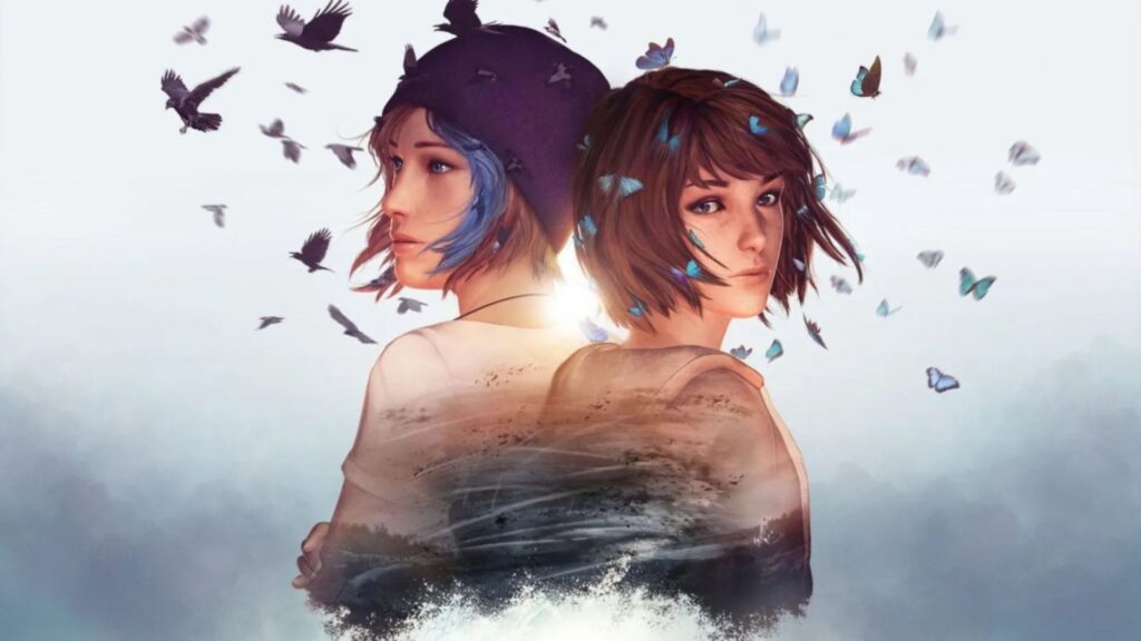 Two Young Women Stand Back to back Among Fluttering Butterflies Conveying Friendship and Freedom