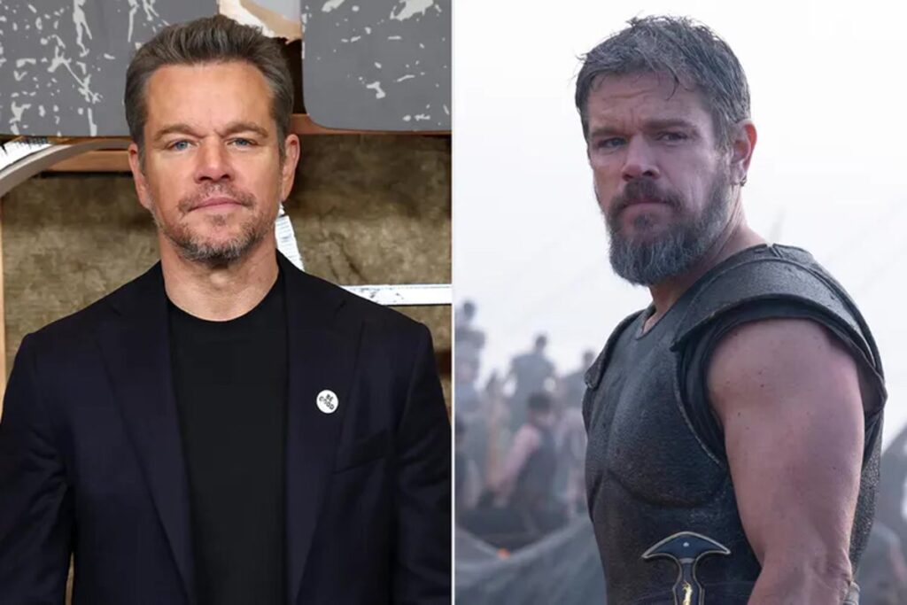 Side by side Image on the Left a Man in a Black Suit and T shirt with a Small White Badge on the Right a Rugged Bearded Warrior in Armor with a Battle Axe