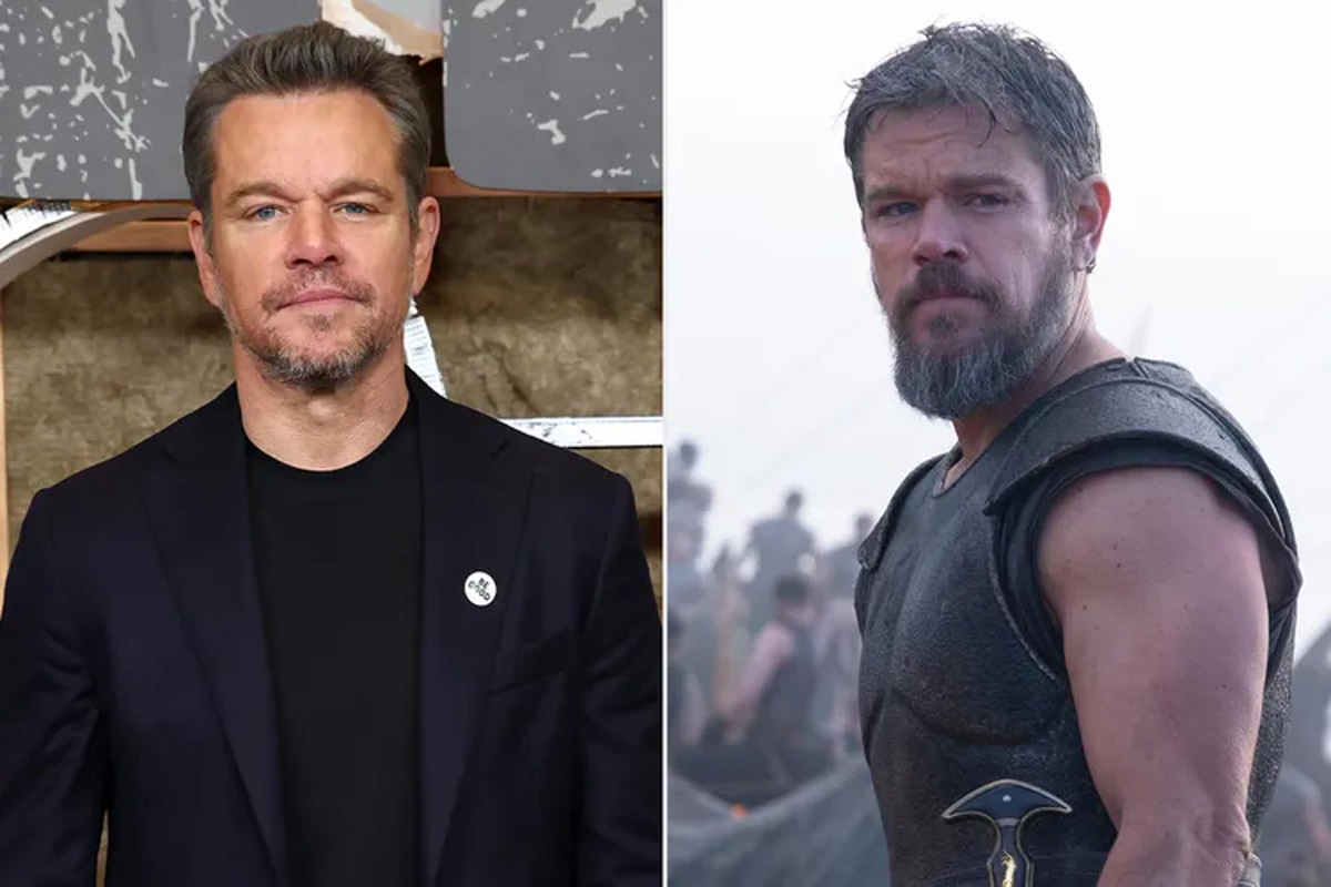 Side by side Image on the Left a Man in a Black Suit and T shirt with a Small White Badge on the Right a Rugged Bearded Warrior in Armor with a Battle Axe