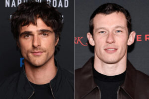 Split screen Image of Two Men in Dark Jackets Close up Headshots Against Dark Backdrops with Neutral Expressions