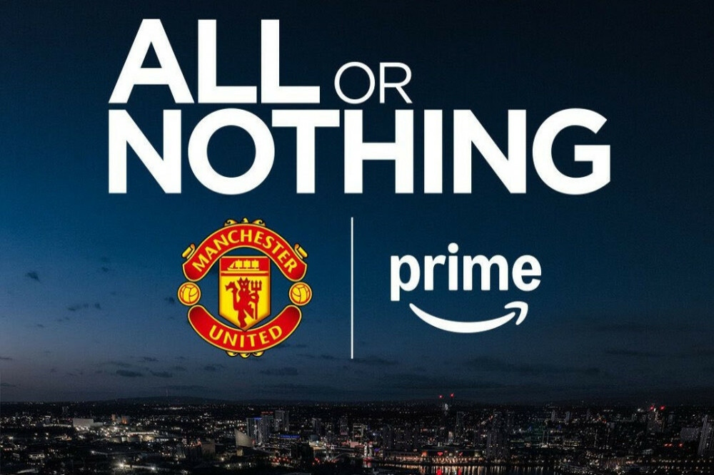 All or Nothing Title with Manchester United Crest and Amazon Prime Logo over a City Skyline Backdrop