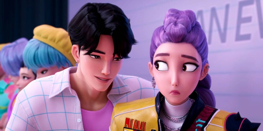 Two Animated Friends Stand Close Together a Smiling Man with Black Hair and a Pink Shirt Leaning Toward a Surprised Purple haired Woman in a Yellow Jacket in a Bright Colorful Scene