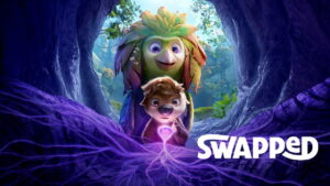 Animated Duo of a Leafy Bird like Creature and a Brown Otter Holding a Glowing Purple Orb in a Glowing Cave Swapped Appears in the Bottom right Corner