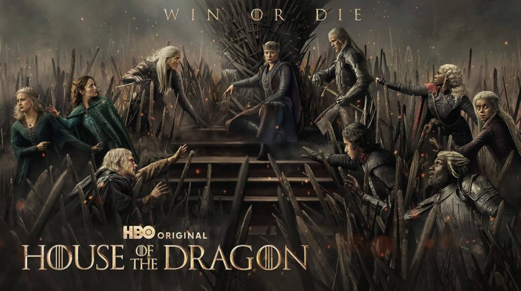 Promotional Poster Showing a Woman Seated on a Throne of Swords Surrounded by Armored Allies in a Tense Fantasy Scene from Hbo