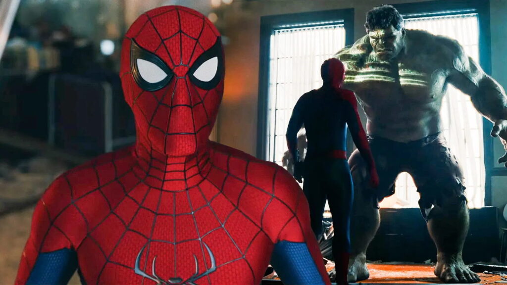 Close up of Spider man in Red and Blue Suit Facing the Camera with Two Other Figuresa Second Spider man and a Large Hulking Creaturestanding in a Dim Room Behind Him