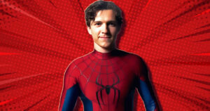 Young Man in a Spider man Suit Standing Against a Red Dotted Comic book Background