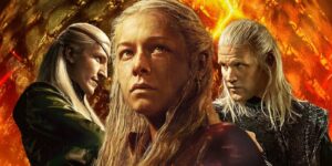 Three Pale haired Characters Stand Before a Fiery Lava Backdrop with the Central Figure Looking Upward