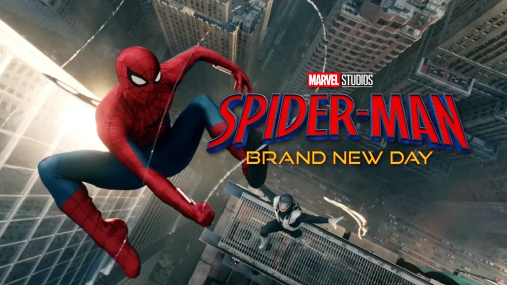 Spider man Swinging Between Tall Buildings with the Title Spider man Brand New Day on a Cityscape Backdrop