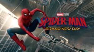 Spider man Swinging Between Tall Buildings with the Title Spider man Brand New Day on a Cityscape Backdrop