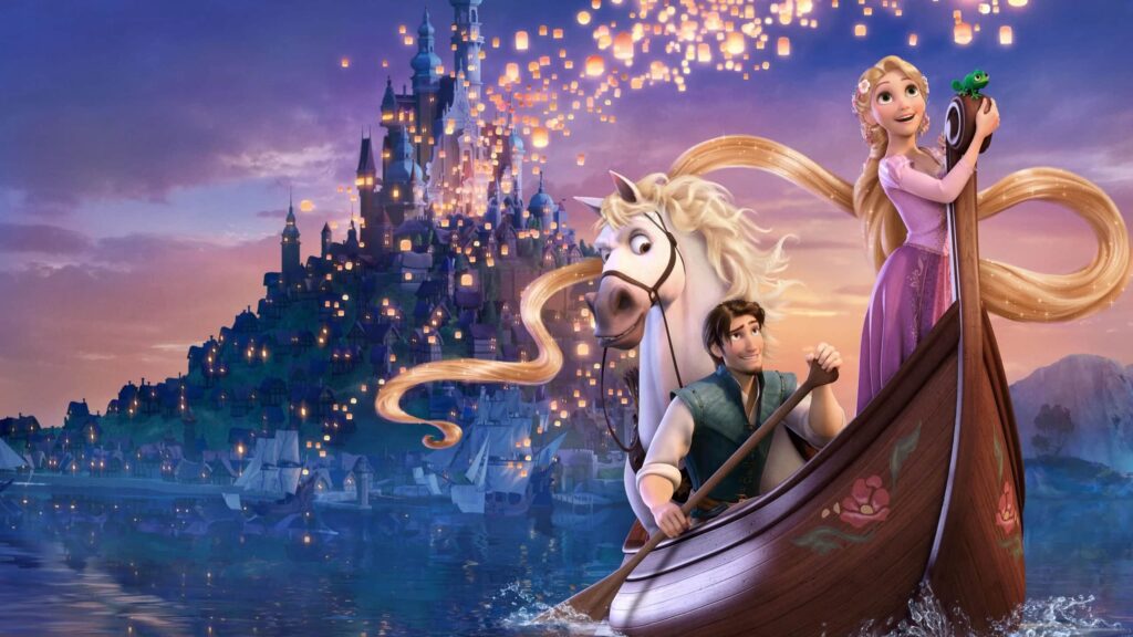 Animated Scene of Rapunzel and Flynn in a Boat Releasing Glowing Lanterns over a City and a Distant Castle from Tangled Sunset Hues