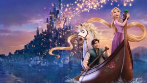 Animated Scene of Rapunzel and Flynn in a Boat Releasing Glowing Lanterns over a City and a Distant Castle from Tangled Sunset Hues