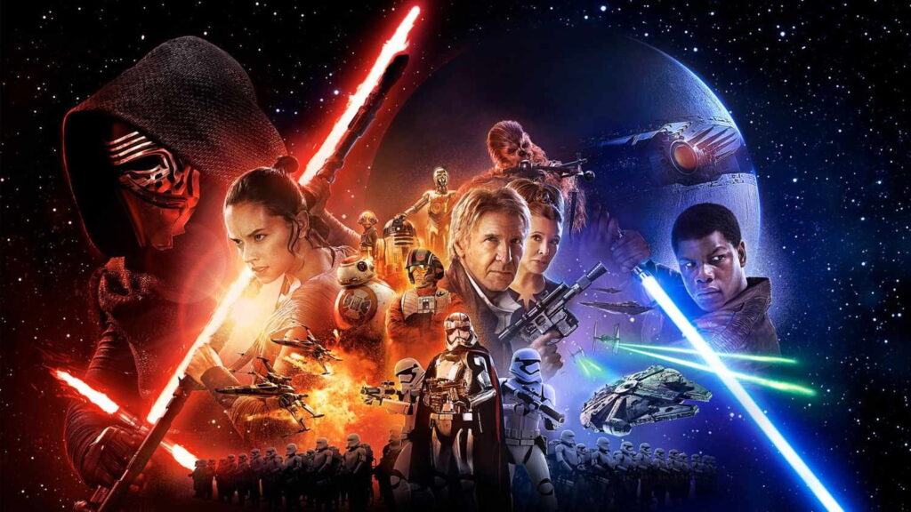 Epic Star Wars Collage with Red and Blue Lightsabers Hooded Kylo Ren on the Left and Multiple Heroes Across a Space Battle Backdrop