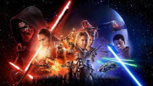 Epic Star Wars Collage with Red and Blue Lightsabers Hooded Kylo Ren on the Left and Multiple Heroes Across a Space Battle Backdrop