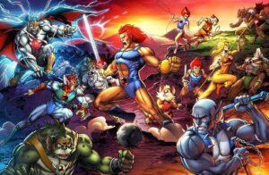 Hero in Blue Armor Leads a Chaotic Fantasy Battle Against Orcs Goblins and Monsters on a Lava lit Landscape