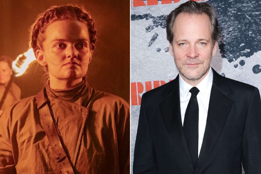 Side by side Photos Showing the Same Person Left As a Young Character in Brown Utilitarian Clothing Under Warm Orange Lighting Right As an Adult in a Black Suit at a Formal Event