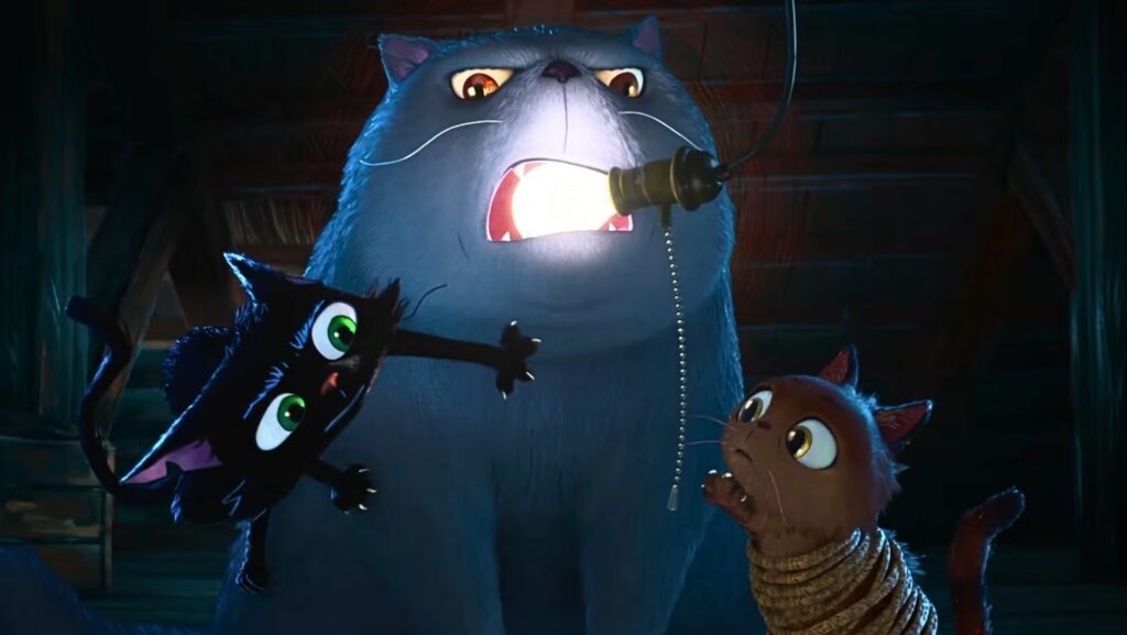 Three Cartoon Cats Confront a Large Blue Cat Holding a Wired Microphone in a Dim Warehouse like Setting