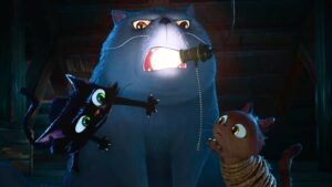 Three Cartoon Cats Confront a Large Blue Cat Holding a Wired Microphone in a Dim Warehouse like Setting