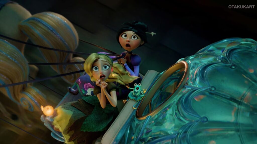 Two Surprised Animated Girls Ride in a Glowing Turquoise Carriage with a Small Green Frog like Friend Perched on the Edge
