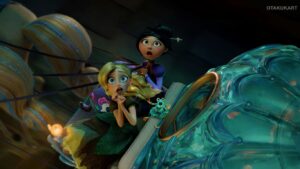 Two Surprised Animated Girls Ride in a Glowing Turquoise Carriage with a Small Green Frog like Friend Perched on the Edge