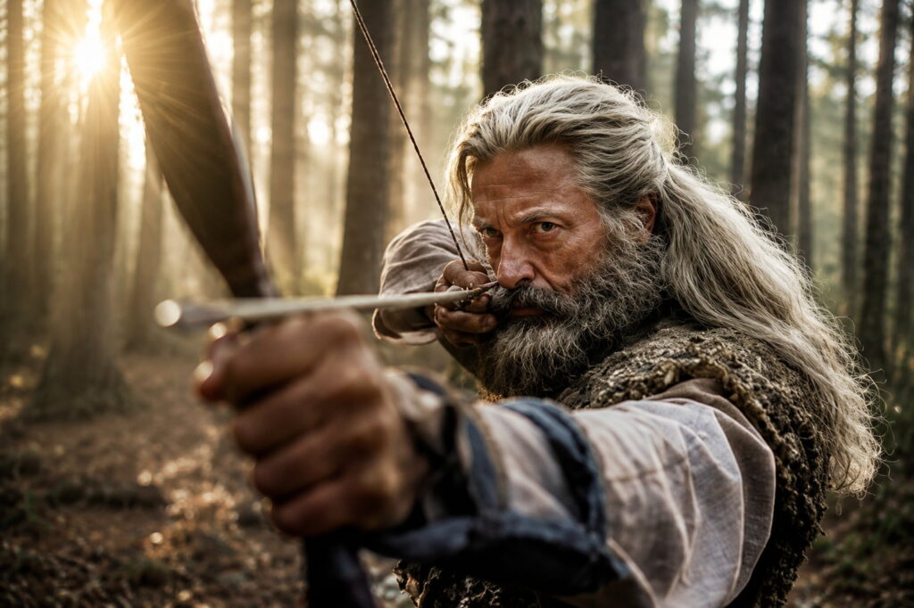 Older Man with Long Gray Hair and Beard Drawing a Bow in a Sunlit Forest Aiming Intently at a Target Off screen