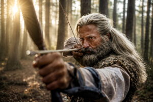 Older Man with Long Gray Hair and Beard Drawing a Bow in a Sunlit Forest Aiming Intently at a Target Off screen