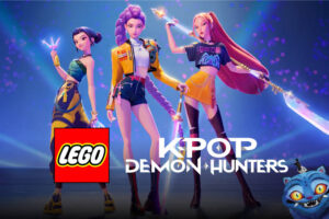 Lego Kpop Demon Hunters Promo Three Stylized Female Characters Pose with Glowing Swords Lego Logo in Corner