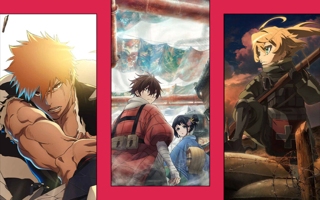 Triptych of Anime Posters Left Panel Shows a Muscular Blond haired Hero in a Dynamic Pose Center Panel Features a Young Man in a Red Jacket and a Girl in Blue in a Busy Market Right Panel Depicts a Blond haired Fighter with a Weapon in a Rugged Landscape