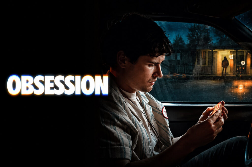 Man Sits in a Car at Night Eyes Fixed on a Glowing Phone or Card in His Hands with the Bold Word Obsession Lit on the Left Edge of the Frame