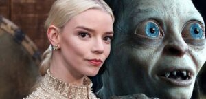 Woman in an Ornate Gold Dress Beside a Blue eyed Fantasy Creature