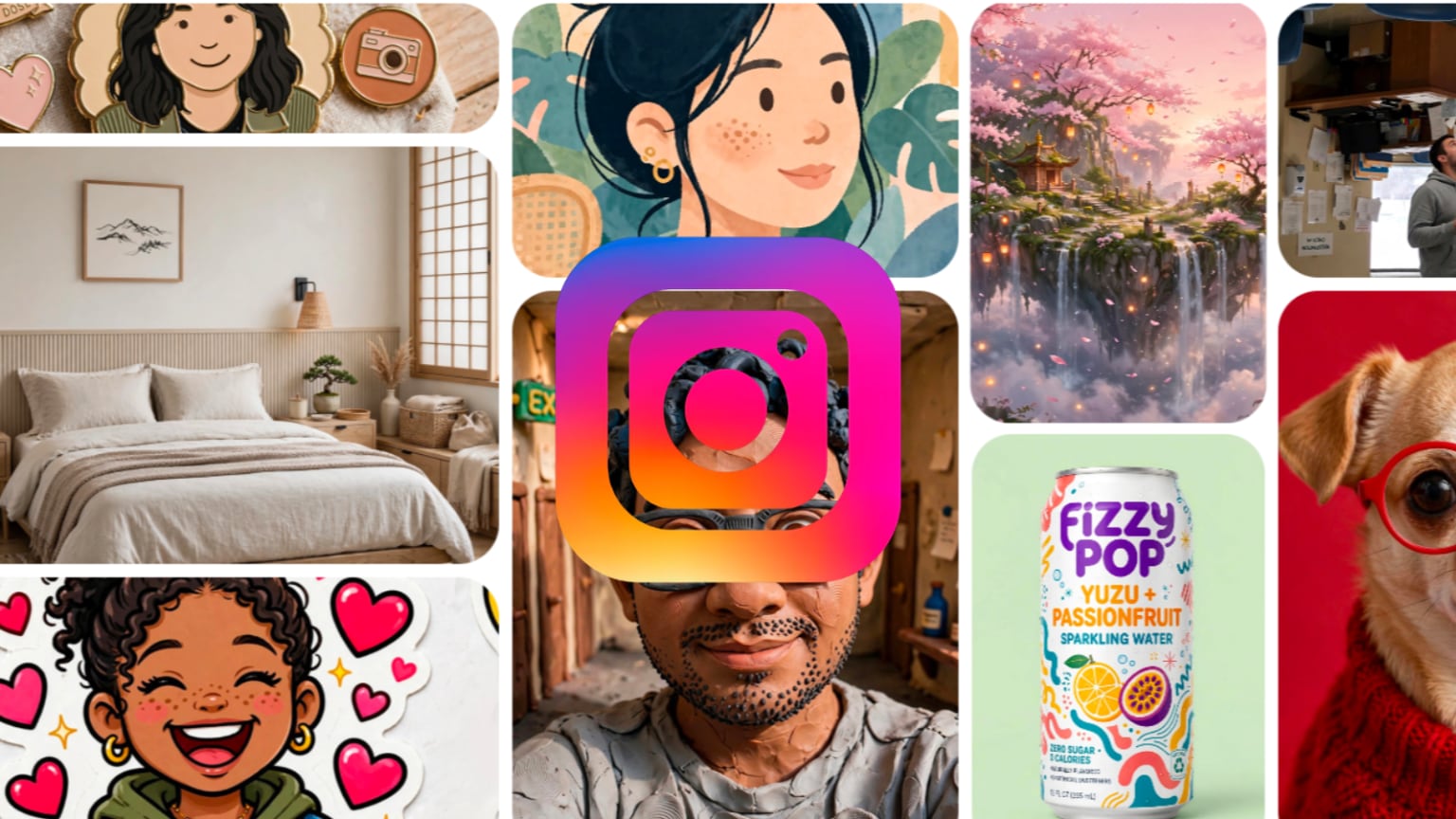 Collage of Colorful Lifestyle Images Around a Central Instagram Logo Including a Bedroom Scene Portrait Illustration Waterfall Landscape a Can of Fizzy Pop and a Dog Photo