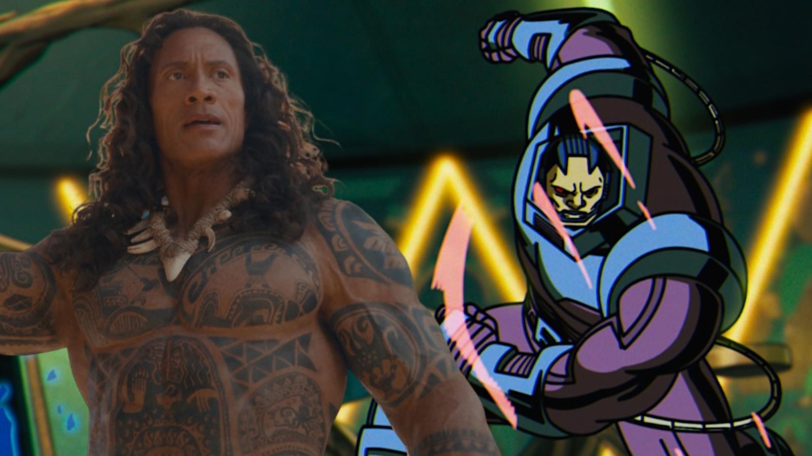 Muscular Tattooed Shirtless Man Beside a Neon lit Stylized Cartoon Warrior in a Neon green Backdrop live action Plus Illustration