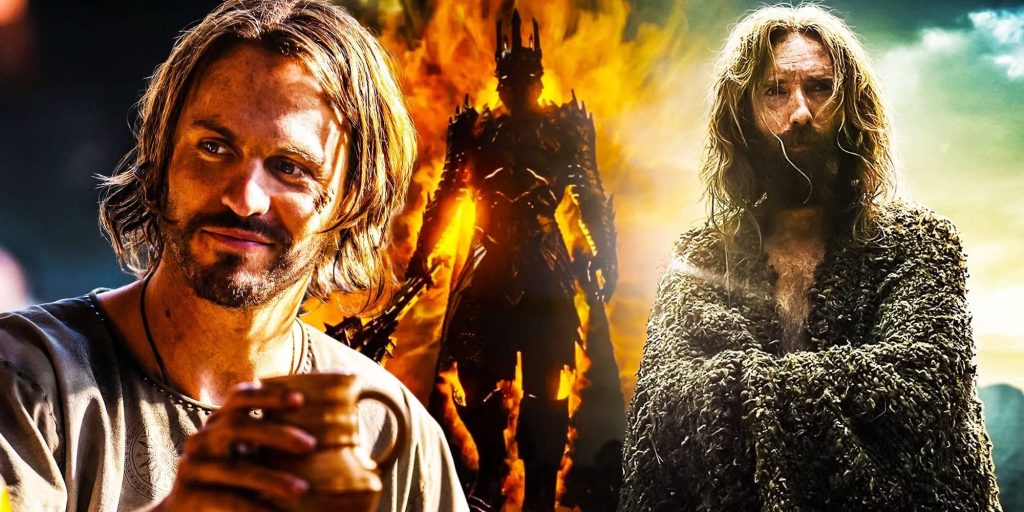 Smiling Man with Beard Holding a Mug Wearing a Medieval Tunic with a Fiery Fortress in the Background and a Rugged Figure in Fur Standing Behind Him