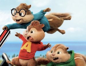 Three Animated Chipmunks Ride in a Convertible Along the Coast Wearing Red Blue and Green Outfits