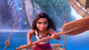 Moana Paddling a Wooden Outrigger Canoe on Turquoise Water Determined Expression with a Waterfall Backdrop