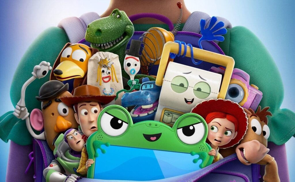 Colorful Group of Cartoon Toy Characters Peeking out from a Purple Backpack Led by a Green Smiling Frog Figure