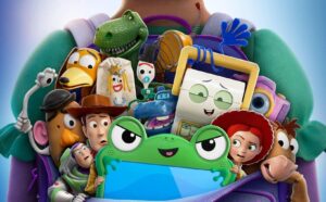 Colorful Group of Cartoon Toy Characters Peeking out from a Purple Backpack Led by a Green Smiling Frog Figure