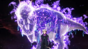 Anime style Character with Silver Hair in a Dark Outfit Stands Before a Glowing Translucent Purple Dragon Formed from Light and Sparks