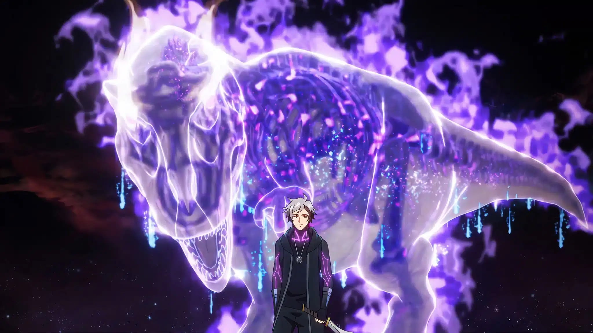 Anime style Character with Silver Hair in a Dark Outfit Stands Before a Glowing Translucent Purple Dragon Formed from Light and Sparks