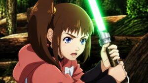 Anime style Girl with Brown Hair and Blue Eyes Wearing a Pink Hoodie Gripping a Glowing Green Lightsaber in a Forest Setting Ready to Swing