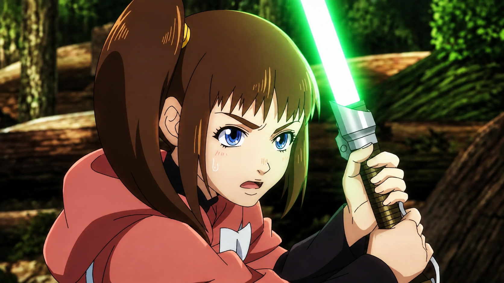 Anime style Girl with Brown Hair and Blue Eyes Wearing a Pink Hoodie Gripping a Glowing Green Lightsaber in a Forest Setting Ready to Swing