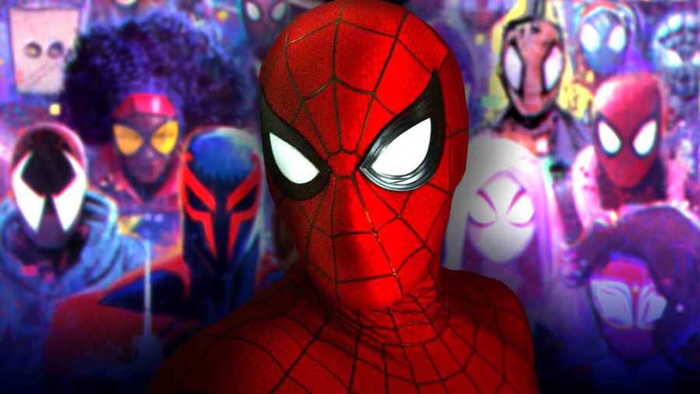 a Person in a Red Spider man Suit Stands in Front of a Colorful Crowd of Spider man Cosplayers in Masks Behind Him