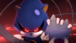 Close up of a Blue Dragon like Creature with Glowing Purple Eye and Sharp White Teeth in a Red lit Cockpit Reaching Forward with a Clawed Paw